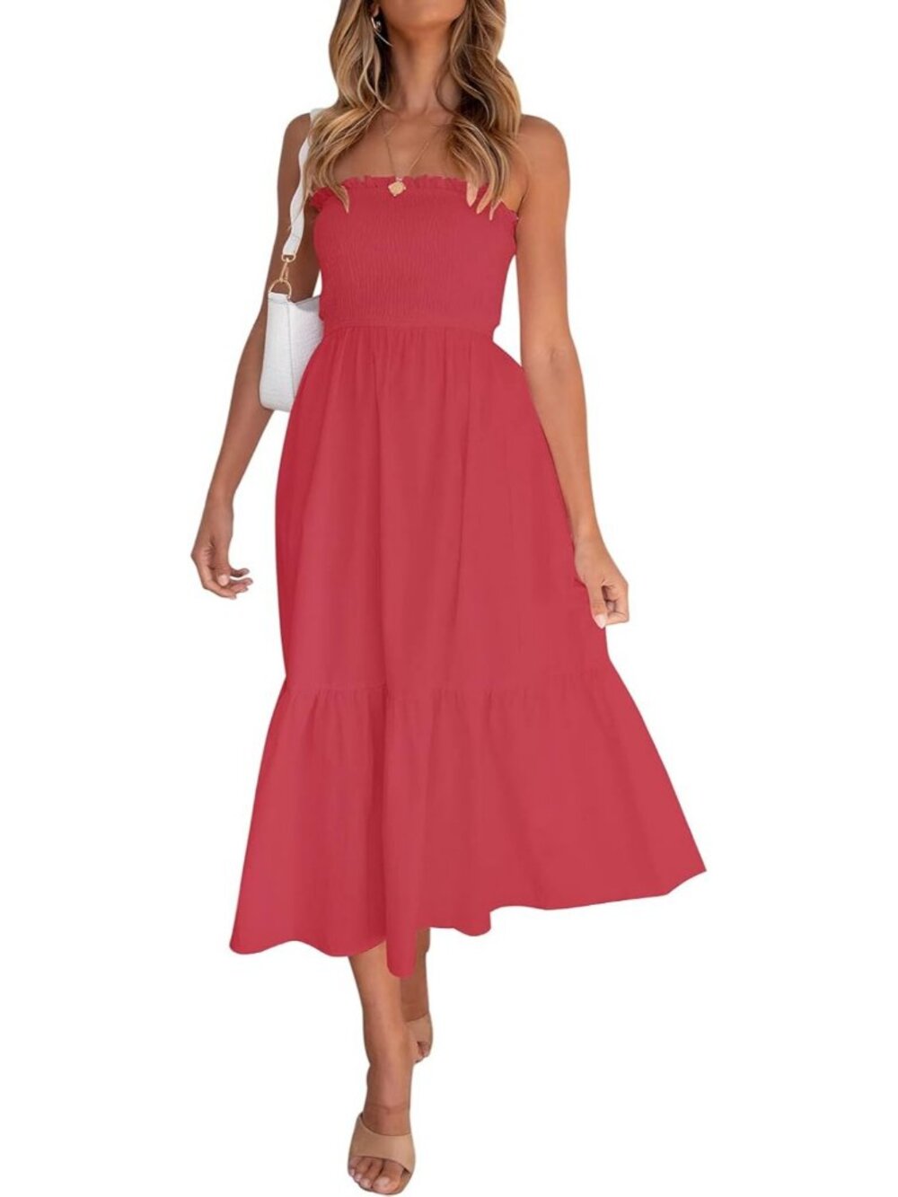 Women's Watermelon Summer Boho Strapless Maxi Off Shoulder Smocked Flowy Dress